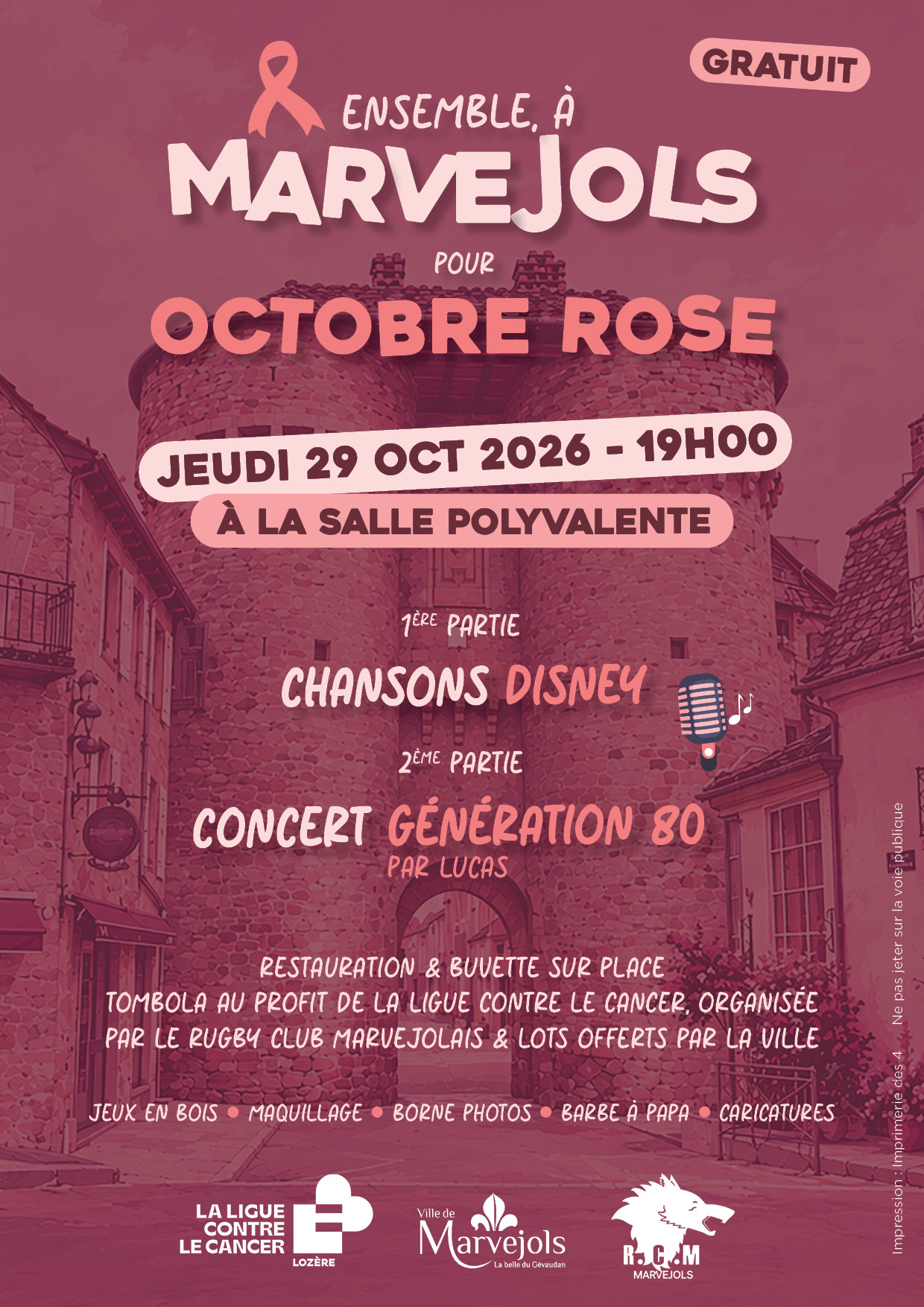 Octobre Rose à Marvejols le 29 octobre 2026 à la Salle Polyvalente : concerts et animations pour toute la famille à partir de 19h30.